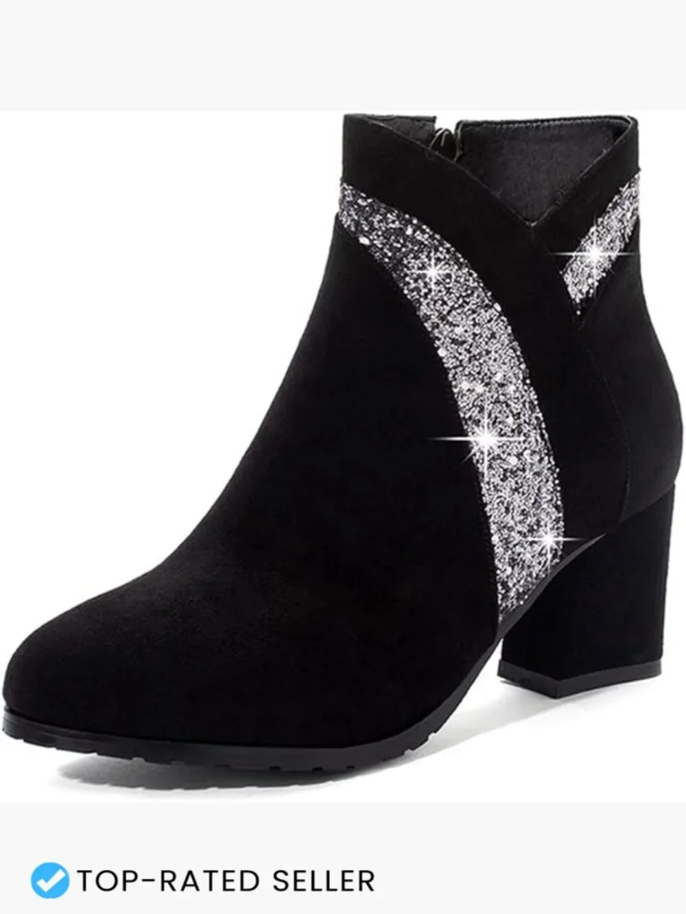 Glitter Chunky Heel Ankle Booties Side Zip Round Toe Dressy Short Boots